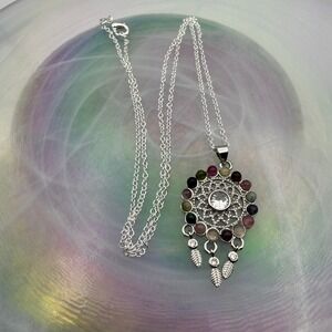 Fluorite Silver‎ Dreamcatcher Necklace Colorful Gemstone Pendant Fashion Jewelry